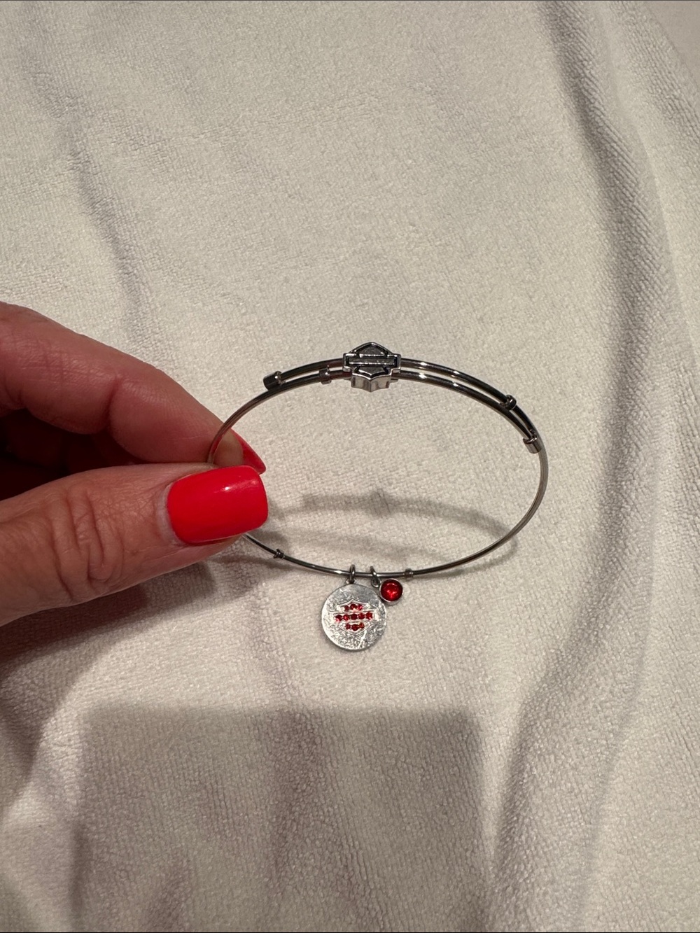 Harley-Davidson Silver Tone Bangle Bracelet with Red Accent Charm